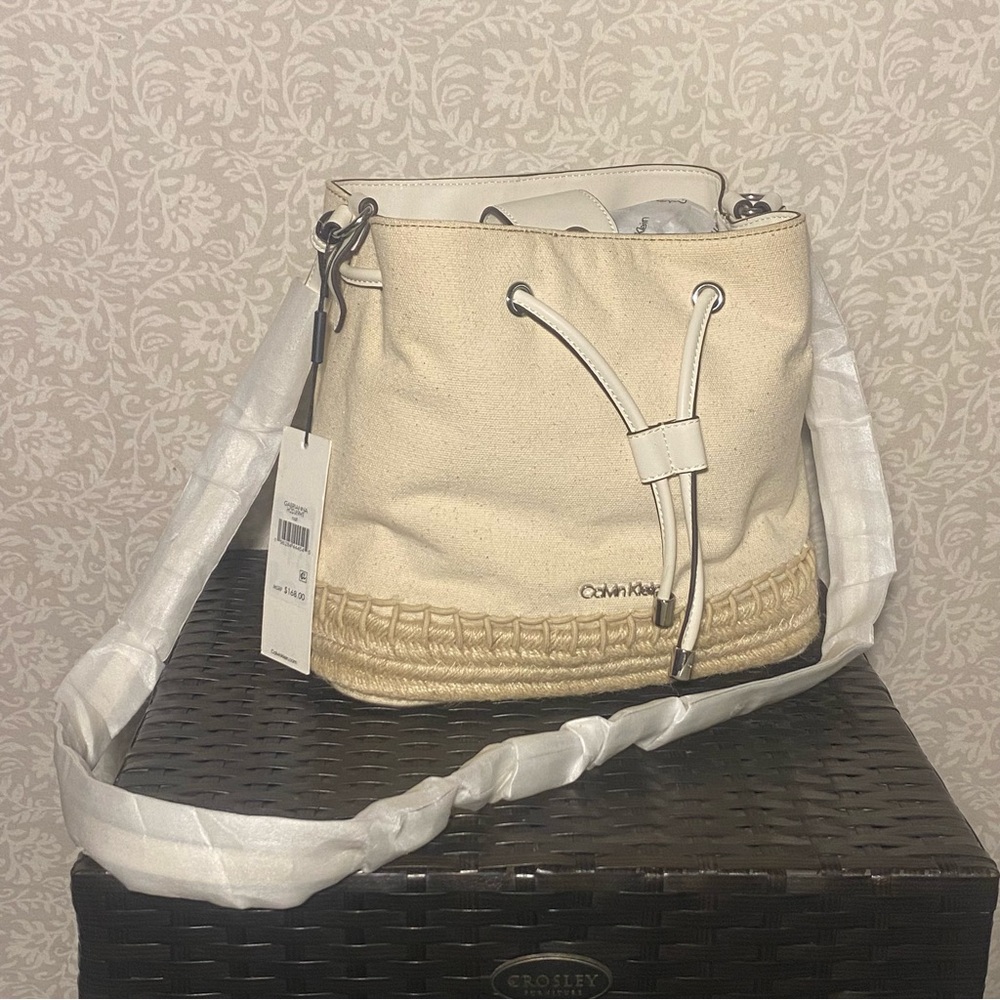Calvin Klein Cream Gabrianna Canvas Drawstring Shoulder Bag